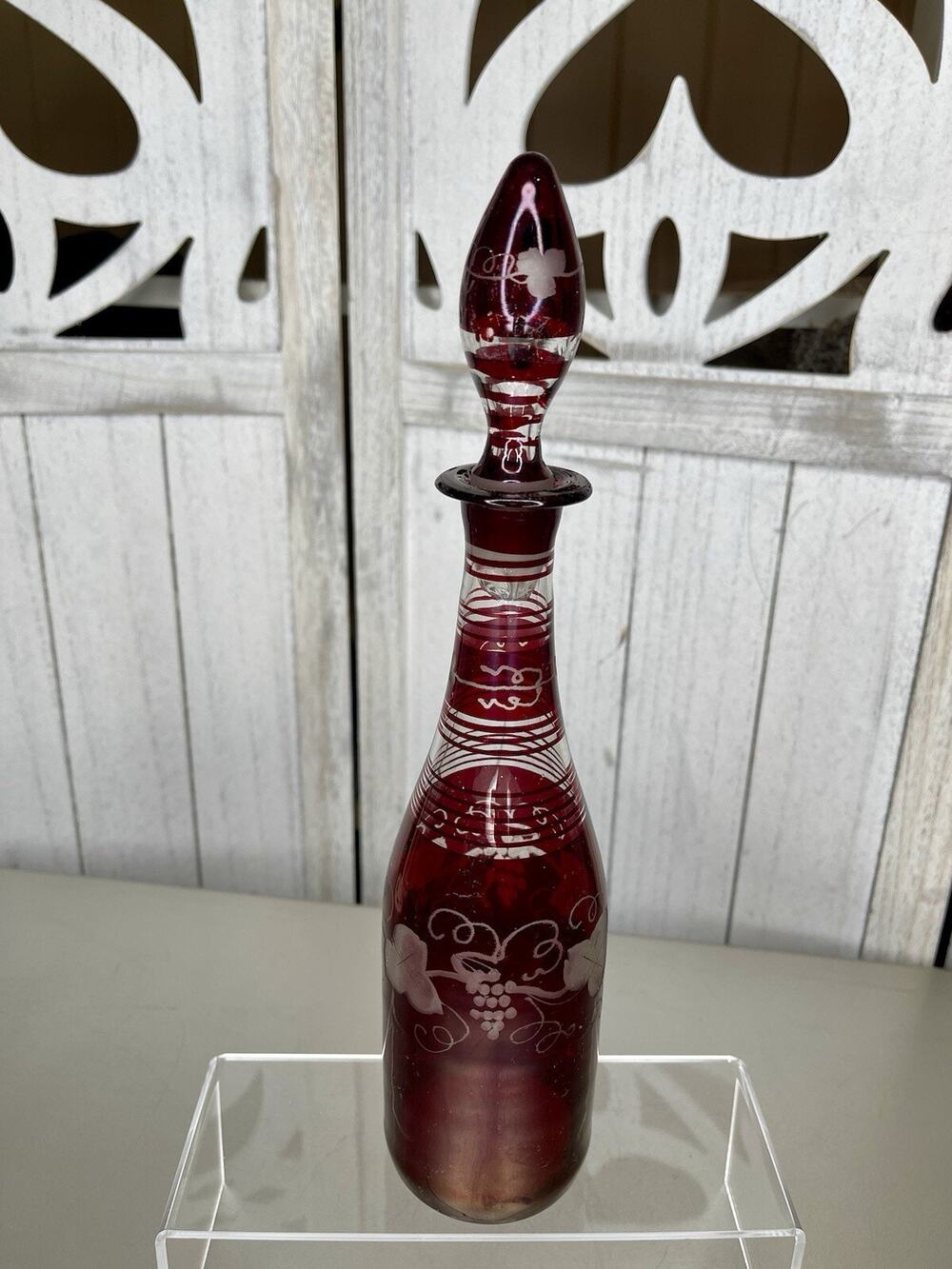 Antique Egermann Bohemian Czech Ruby to Clear Glass Decanter Grapes Vines
